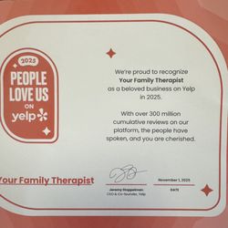 Your Family Therapist - I am honored for this Yelp recognition.  It is an honor to support my clients through their healling and growth!