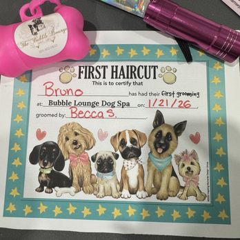 The Bubble Lounge Dog Spa - First haircut certificate - Pet Groomers Near Me - Ramsey, New Jersey The Bubble Lounge Dog Spa - First haircut certificate - Pet Groomers Near Me - Ramsey, New Jersey