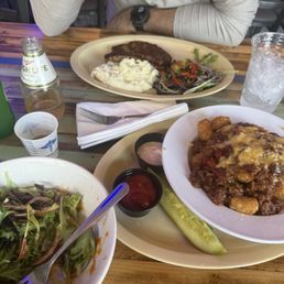 Salad with house made dressing, loaded tots, meatloaf special