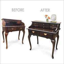 Furniture Restyler - A former vintage desk repurposed into a vanity makeup. The top was lowered, two more drawers added and the side walls were reshaped.
