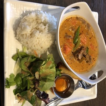 The Connection Thai sushi - Thai Lunch Special - Panang Curry with sides of egg role with duck sauce, white rice, and small salad. - Thai Near Me - Henderson, Nevada The Connection Thai sushi - Thai Lunch Special - Panang Curry with sides of egg role with duck sauce, white rice, and small salad. - Thai Near Me - Henderson, Nevada
