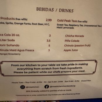 Inka  Kitchen - Drinks including lots of choices for the adventurous. Chicha Morada was my choice and it was good. - Peruvian Near Me - Chambersburg, Pennsylvania