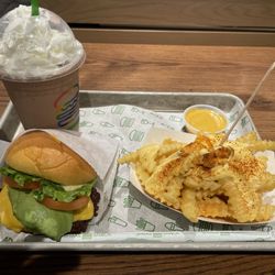 Shake Shack - Cheeseburger add avocado, bbq fries with Carolina bbq, chocolate malt with whipped cream
