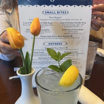 Cafe Orleans - Menu half blocked by flowers and my mint julep - Cajun/Creole Near Me - Anaheim, California