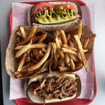 One Stop Coney Shop - chicago dog and bbq dog with 2 fries - Hot Dogs Near Me - Grand Rapids, Michigan