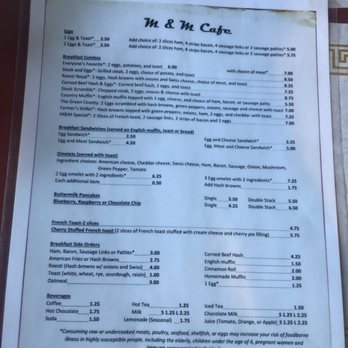 M & M Cafe - Menu snapshot - Menu from M & M Cafe featuring breakfast combos, sandwiches, omelets, pancakes, and drinks with prices and options. - Cafes Near Me - Monticello, Wisconsin