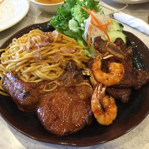 Photo of Thuan Kieu Noodle & Grill - Irvine, CA, United States. 3 item platter w/ garlic noodle ~$10