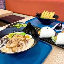 Urban Noodle - Edamame, tonkotsu ramen, shrimp tempura udon, bang bang shrimp gua bao