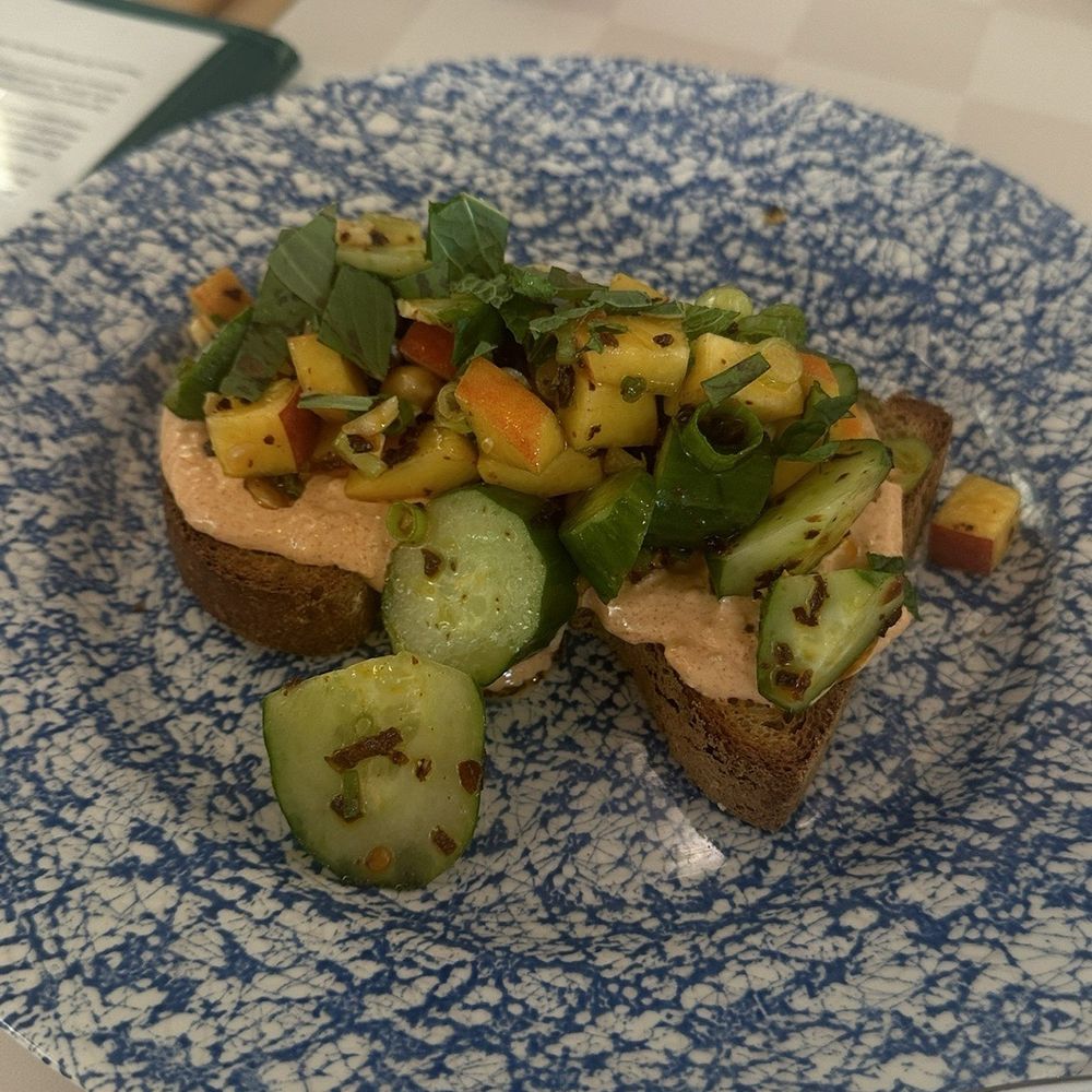 Borage - Peach cucumber bruschetta on gf bread - Breakfast & Brunch Near Me - Indianapolis, Indiana