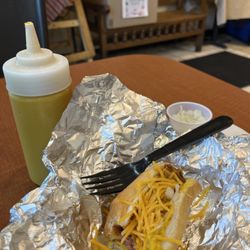 Talitas Burritos and Coneys - Cheese Coney with mustard and onion on the side