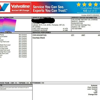 Valvoline Instant Oil Change - Reciept 2 - Oil Change Stations Near Me - Seaford, Delaware Valvoline Instant Oil Change - Reciept 2 - Oil Change Stations Near Me - Seaford, Delaware