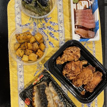 Tokyo Fish Market - All items from their prepared foods section - grilled mackerel, kaarage, hamachi sashimi, marinated sweet potatoes and Japanese eggplant - Seafood Markets Near Me - Berkeley, California