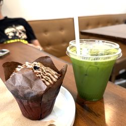 Blueberry muffin and iced matcha