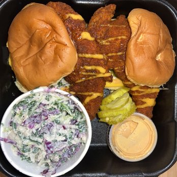 Dave's Hot Chicken - Dave's #2 2 Sliders w/ Fries except i subbed the fries for kale slaw - Chicken Shop Near Me - Beaverton, Oregon Dave's Hot Chicken - Dave's #2 2 Sliders w/ Fries except i subbed the fries for kale slaw - Chicken Shop Near Me - Beaverton, Oregon