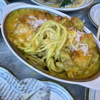 1480 HK Café - Baked Portuguese chicken - a classic HK fusion dish with chicken over spaghetti baked in a coconut-curry sauce topped with cheese - Hong Kong Style Cafe Near Me - Douglaston, New York 1480 HK Café - Baked Portuguese chicken - a classic HK fusion dish with chicken over spaghetti baked in a coconut-curry sauce topped with cheese - Hong Kong Style Cafe Near Me - Douglaston, New York