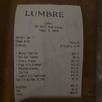 Lumbre - 2026-8-14 Receipt - Spanish Near Me - Tampa, Florida