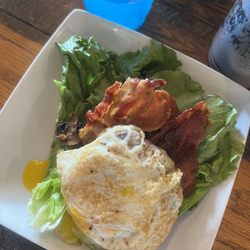 Moxie Burger - The Entrepreneur - with bacon , egg, pepper jack, & mushrooms on lettuce wrap