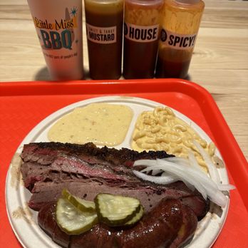 Little Miss BBQ - Brisket Plate with Jalapeno Cheddar Grits and Mac & cheese. I added the jalapeños sausage link - Barbeque Near Me - Phoenix, Arizona Little Miss BBQ - Brisket Plate with Jalapeno Cheddar Grits and Mac & cheese. I added the jalapeños sausage link - Barbeque Near Me - Phoenix, Arizona