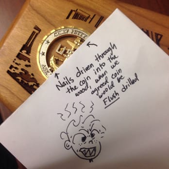 Award Master - 2 nails into the coin, plus agreement was to DRILL the coin in, not nail it. At the very least, why didn't they glue it? Sloppy - Trophy Shops Near Me - San Diego, California Award Master - 2 nails into the coin, plus agreement was to DRILL the coin in, not nail it. At the very least, why didn't they glue it? Sloppy - Trophy Shops Near Me - San Diego, California