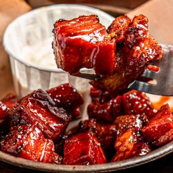 Hickory's Smokehouse Chester - Smoky Bourbon Bacon Bites: Bite-sized chunks of 8 hour smoked bacon, tossed in bourbon & served with blue cheese dip