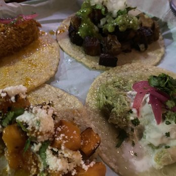 Vals - Tacos (crispy beef, Cochinita Pibil, chicken in green mole, and sweet potato) - Seafood Near Me - New Orleans, Louisiana Vals - Tacos (crispy beef, Cochinita Pibil, chicken in green mole, and sweet potato) - Seafood Near Me - New Orleans, Louisiana
