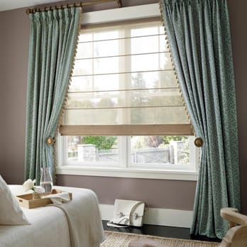 Goblet Pleated Side Panel Draperies On Decorative Rods And Roman