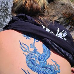 Snowy Mountain Tattoo - Back piece tattoo blue ink Japanese dragon
