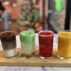 TOMO Tea House - Flight: Tomo Cà Phê, Pandan Cloud w/ Coconut Water, Strawberry Green Tea, Mango Lassi