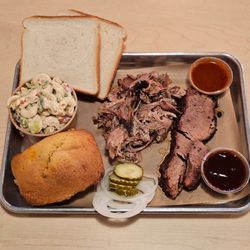 Holy Smoke - Brisket & Pulled Pork Combo with Pasta Salad, Cornbread, Texas Toast, Pickles & Onions  https://www.instagram.com/the.wanderin.foodie/