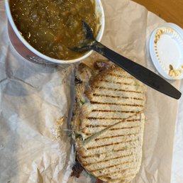 Barley soup and Southwestern BBQ grilled sandwich. Barley soup and Southwestern BBQ grilled sandwich.
