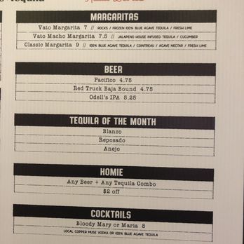 Vatos Tacos and Tequila - Larger drink menu so you don't have to squint at the previously uploaded photo. - Mexican Near Me - Fort Collins, Colorado Vatos Tacos and Tequila - Larger drink menu so you don't have to squint at the previously uploaded photo. - Mexican Near Me - Fort Collins, Colorado