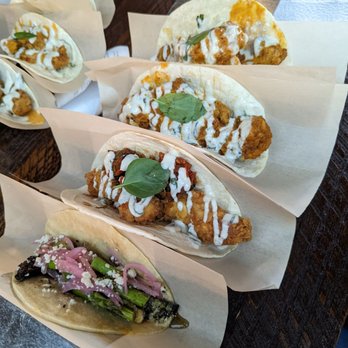 Velvet Taco - Mushroom & asparagus (left),Paneer Taco (Middle), spicy chicken Tikka (right)x2 - New American Near Me - Tulsa, Oklahoma Velvet Taco - Mushroom & asparagus (left),Paneer Taco (Middle), spicy chicken Tikka (right)x2 - New American Near Me - Tulsa, Oklahoma