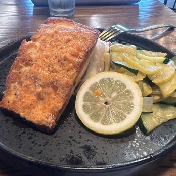 Brass Social - Pan Seared Salmon with Caper Butter ($21) with side of veggies - Burgers Near Me - Louisville, Kentucky