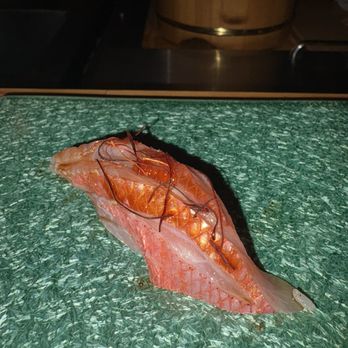 Umami Omakase - Kinmedai - Japanese golden eye red snapper,  topped with red yuzu kosho and chilli hairs. - Japanese Near Me - Cambridge, Massachusetts