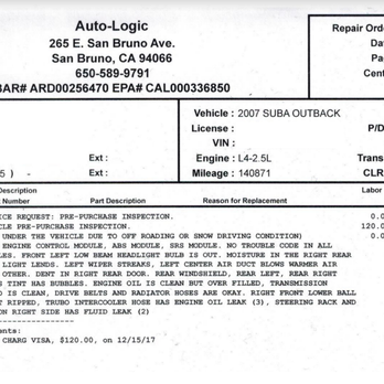 Auto Logic - A very detailed used car inspection report that was emailed to me and then described, explained and detailed over the phone! Thank you! - Auto Repair Near Me - San Bruno, California