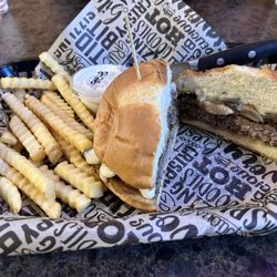 Double Barrel Steakhouse - Mushroom & Swiss Burger. Oh so good! Same with the fries :)