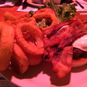 Fairground Cafe - 6oz Bacon cheeseburger (lighting caused the pink glow) upgraded to the onion rings. Very good. Bacon was crispy just the way I like it :) - Breakfast & Brunch Near Me - Topsham, Maine Fairground Cafe - 6oz Bacon cheeseburger (lighting caused the pink glow) upgraded to the onion rings. Very good. Bacon was crispy just the way I like it :) - Breakfast & Brunch Near Me - Topsham, Maine