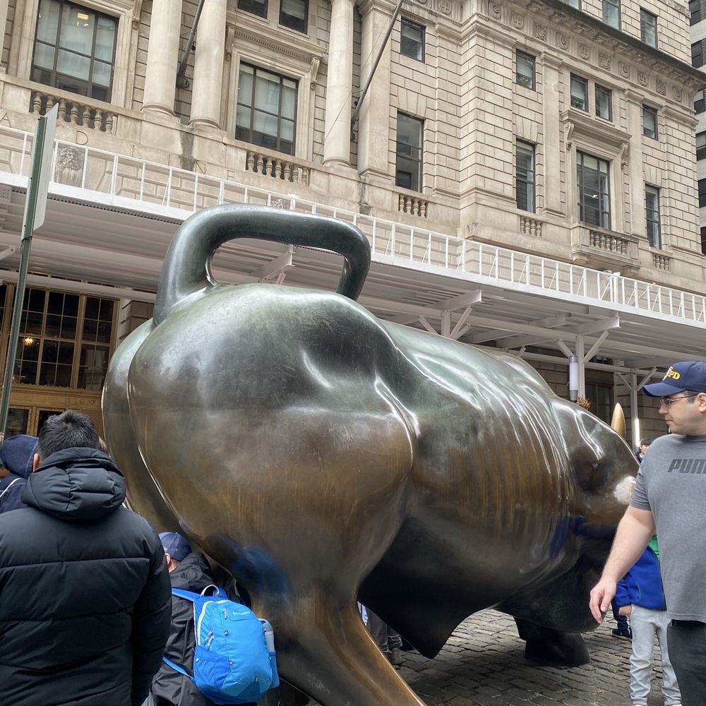 Charging Bull sculpture from a different perspective