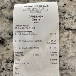 Crystal Beach Cafe - Receipt showing prices