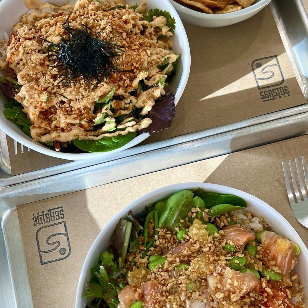 Seaside Poke - Salmon Pozu Siganture bowl (bottom) & a custom bowl (top) - Poke Near Me - Houston, Texas Seaside Poke - Salmon Pozu Siganture bowl (bottom) & a custom bowl (top) - Poke Near Me - Houston, Texas