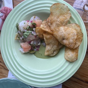 Odd Duck - Redfish ceviche with green curry, grilled olives, grapefruit, radish, potato chips - American Near Me - Austin, Texas Odd Duck - Redfish ceviche with green curry, grilled olives, grapefruit, radish, potato chips - American Near Me - Austin, Texas