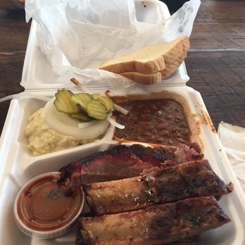 Joel's Bar-B-Q - Two meat plate with ribs and beef. Comes with beans and potato salad. Pickles, onion, bread, and sauce included. - Barbeque Near Me - Flatonia, Texas Joel's Bar-B-Q - Two meat plate with ribs and beef. Comes with beans and potato salad. Pickles, onion, bread, and sauce included. - Barbeque Near Me - Flatonia, Texas