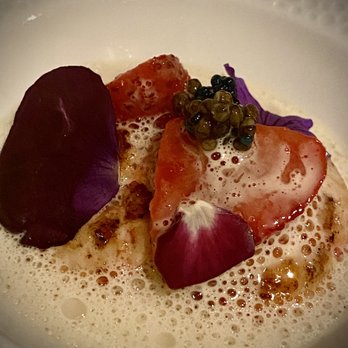 Vestige - Royal reds, scampi roe, Ponchatoula strawberry confit, goat milk whey, white truffle, Sakura oil, and violas. - New American Near Me - Ocean Springs, Mississippi Vestige - Royal reds, scampi roe, Ponchatoula strawberry confit, goat milk whey, white truffle, Sakura oil, and violas. - New American Near Me - Ocean Springs, Mississippi