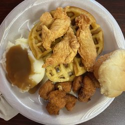 JLM Chicken & Waffles - Chicken and waffles with corn bites and mashed potato