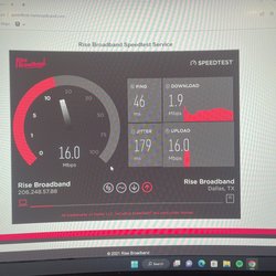 Rise Broadband - A whopping 1.9 mbps download speed when I'm paying for 50 which I have never seen.