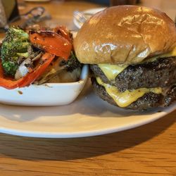 BJ's Restaurant & Brewhouse - Cheeseburger with an extra patty and seasoned vegetables