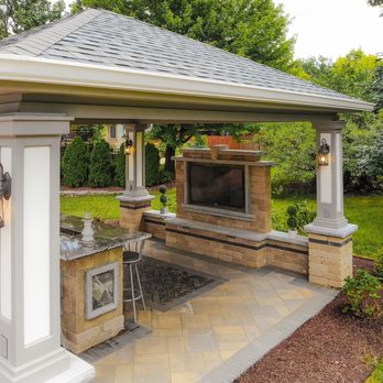 Nature Green Paving - Cedar pavilion with outdoor wall tv gas fire table - Landscape Architects or Designers Near Me - Montgomery, Illinois