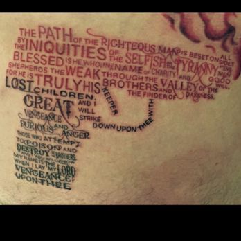 Stainless Tattoo Studios - Gun shape with Bible verses in different types of fonts done by Josh - Tattoo Near Me - Dallas, Texas Stainless Tattoo Studios - Gun shape with Bible verses in different types of fonts done by Josh - Tattoo Near Me - Dallas, Texas