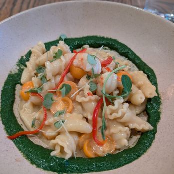 Trestle - Campanelle with shrimp and tomatoes, basil pistou - New American Near Me - San Francisco, California Trestle - Campanelle with shrimp and tomatoes, basil pistou - New American Near Me - San Francisco, California