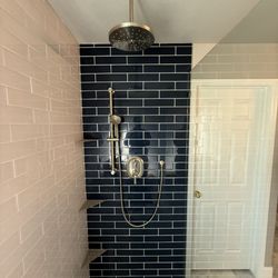 Mayou Plumbing Solutions - New custom walk in shower installation with a two function shower valve for a rain head and hand sprayer with a slide bar in brushed nickel
